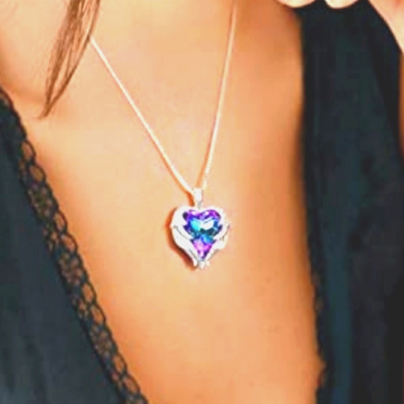 Angel Wings Love Silver White Zircon Sky Blue Crystal Pendant Necklace - Picture 3 of 13